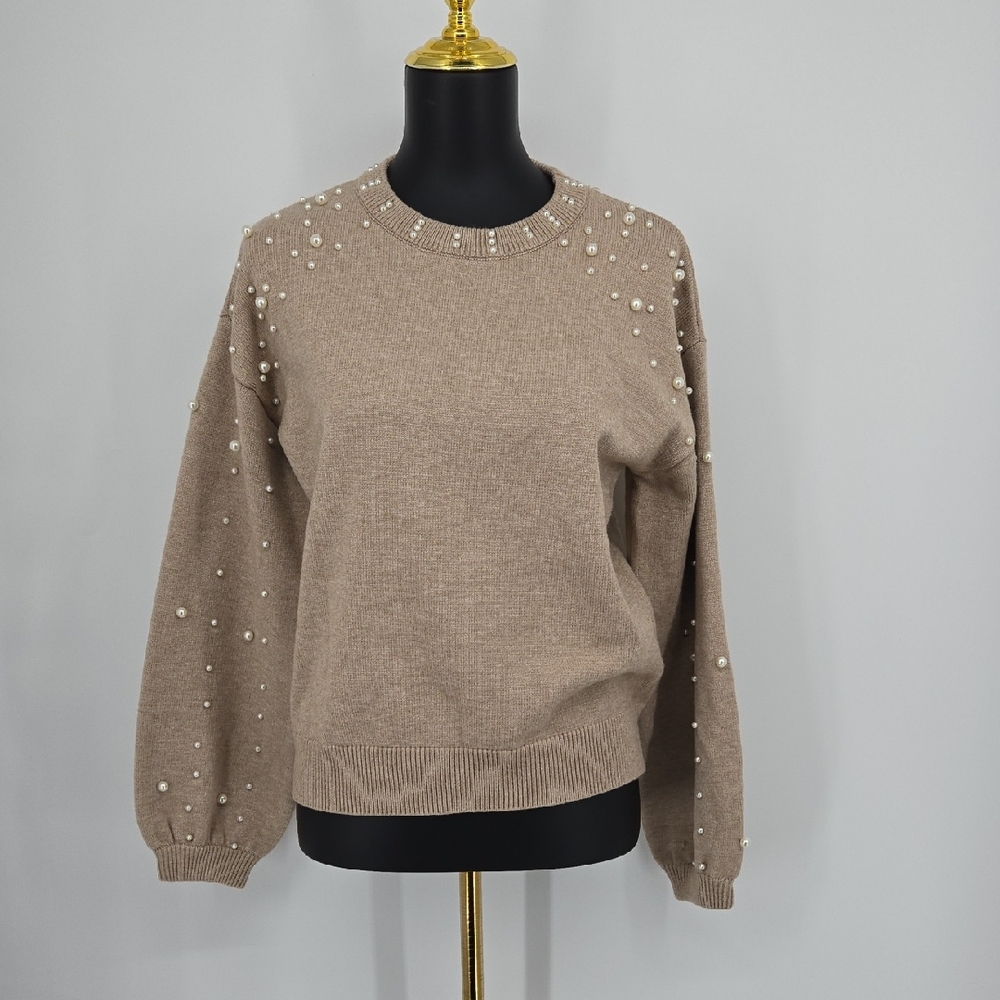 Krush Kandy Women's Pearl Embellished Sweater - Tan Size Small
